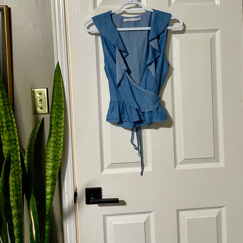 Zara Denim Ruffled Wrap Top - Picture 5 of 9